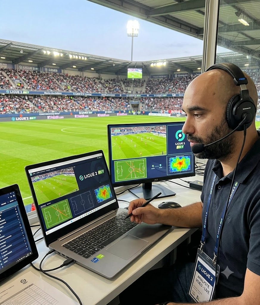 Analyste vidéo Ratio Football en cabine de presse Ligue 2